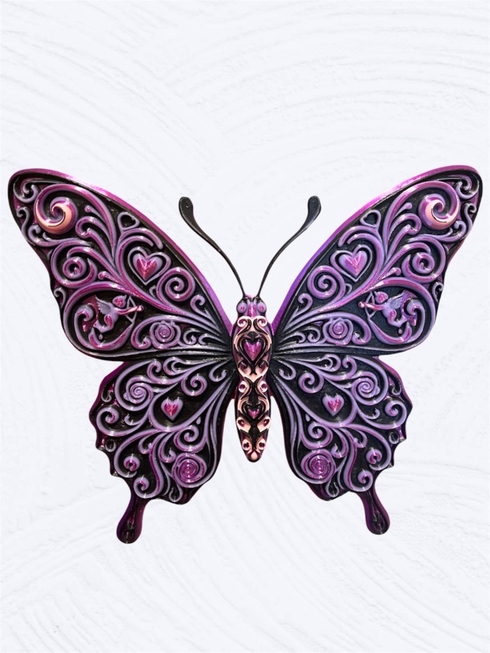 Hand Crafted Custom 3d Metallic Purple, Pink & Black Heart Butterfly Decor